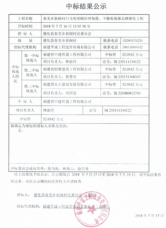 新阁村白马兜至暗仔坪角落、下格坵角落公路硬化工程中标结果公示 - 憨鼠网