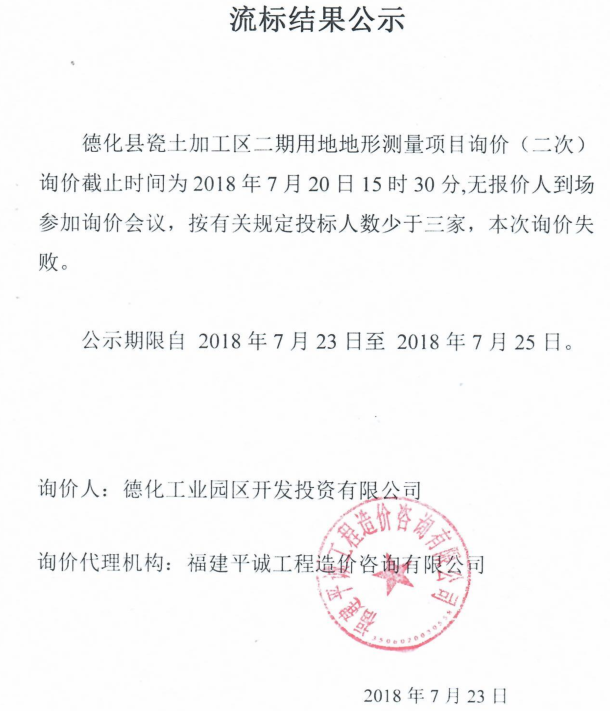 德化县瓷土加工区二期用地地形测量项目询价二次流标结果公示 - 憨鼠网
