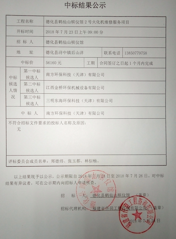 德化县鹤仙山殡仪馆2号火化机维修服务项目中标结果公示 - 憨鼠网