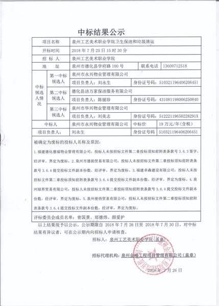泉州工艺美术职业学院卫生保洁和垃圾清运中标结果公示 - 憨鼠网