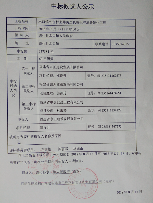 水口镇久住村上井贡至长垵生产道路硬化工程中标结果公示 - 憨鼠网