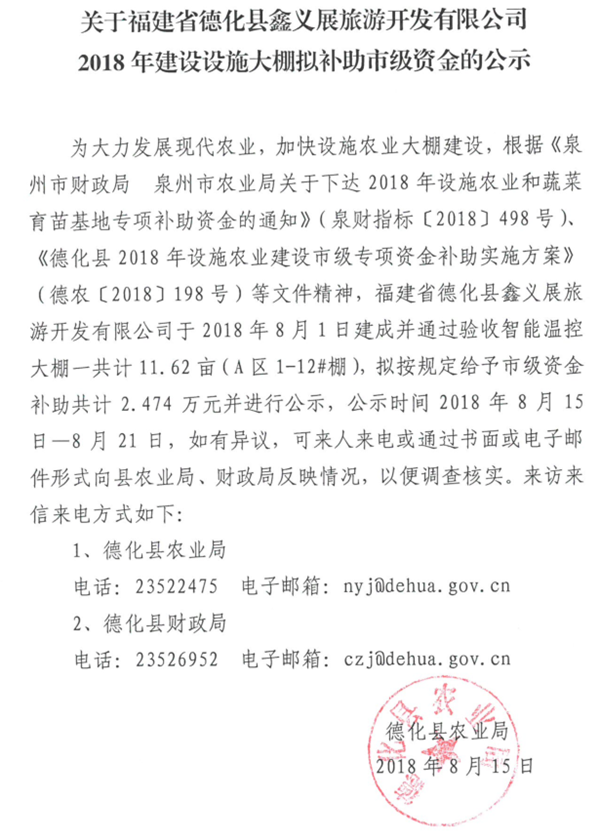 关于福建省德化县鑫义展旅游开发有限公司2018年建设设施大棚拟补助市级资金的公示 - 憨鼠网