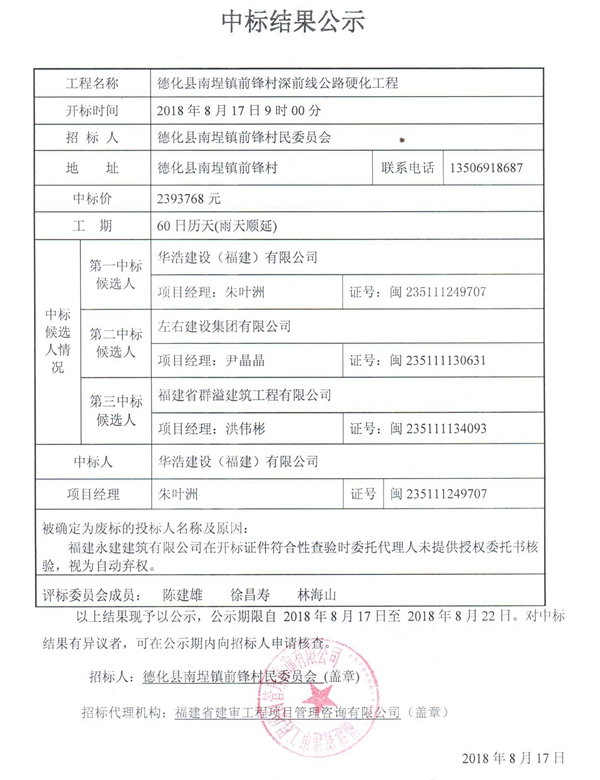 南埕镇前锋村深前线公路硬化工程中标结果公示 - 憨鼠网