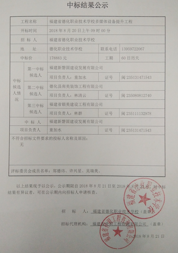 德化职业技术学校多媒体设备提升工程中标结果公示 - 憨鼠网
