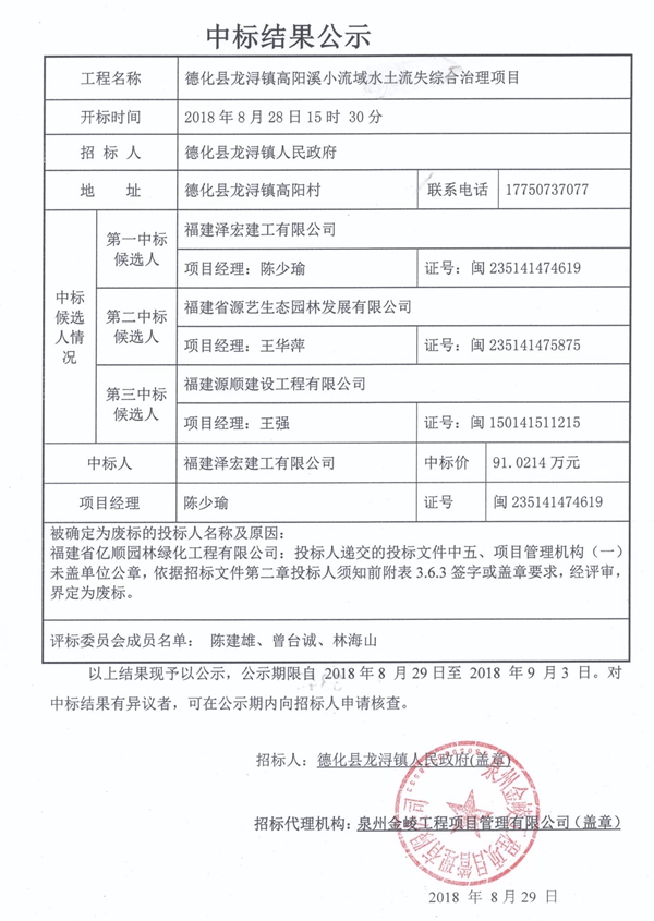 龙浔镇高阳溪小流域水土流失综合治理项目中标结果公示 - 憨鼠网