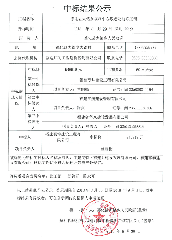 大铭乡福利中心敬老院装修工程中标结果公示 - 憨鼠网