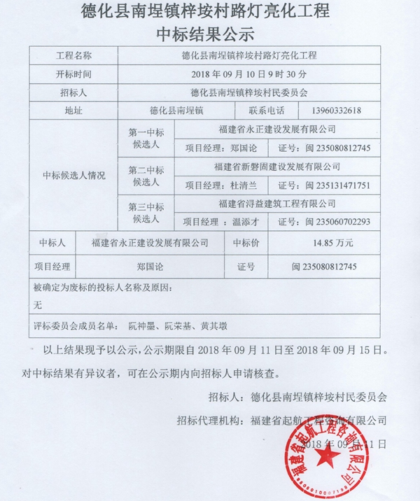 南埕镇梓垵村路灯亮化工程中标结果公示 - 憨鼠网