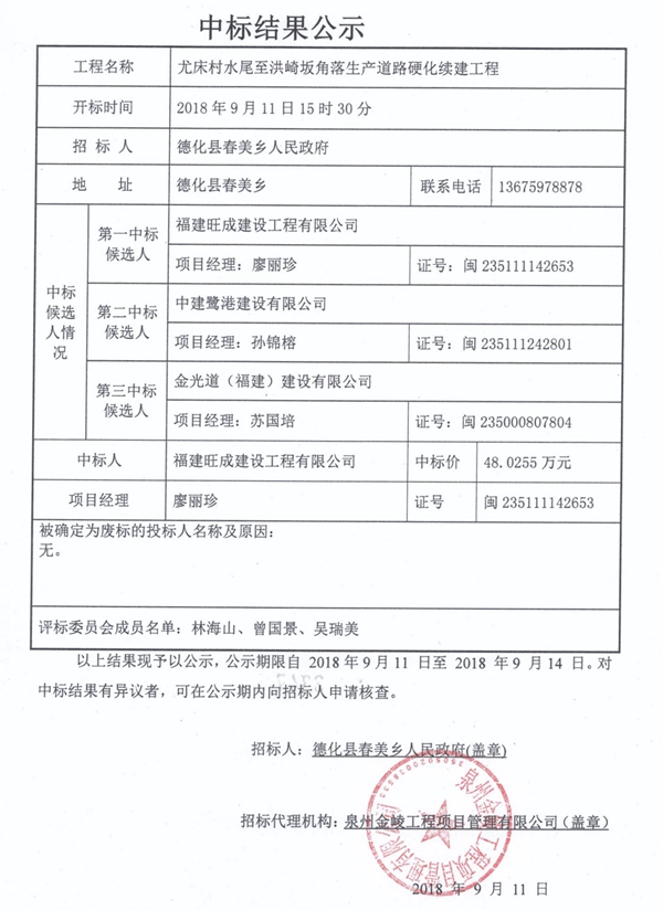 尤床村水尾至洪崎坂角落生产道路硬化续建工程中标结果公示 - 憨鼠网