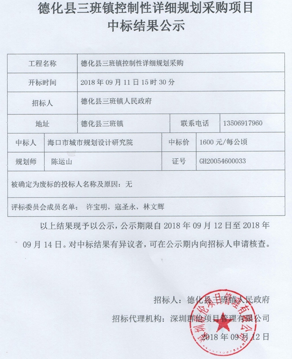 德化县三班镇控制性详细规划采购项目中标结果公示 - 憨鼠网