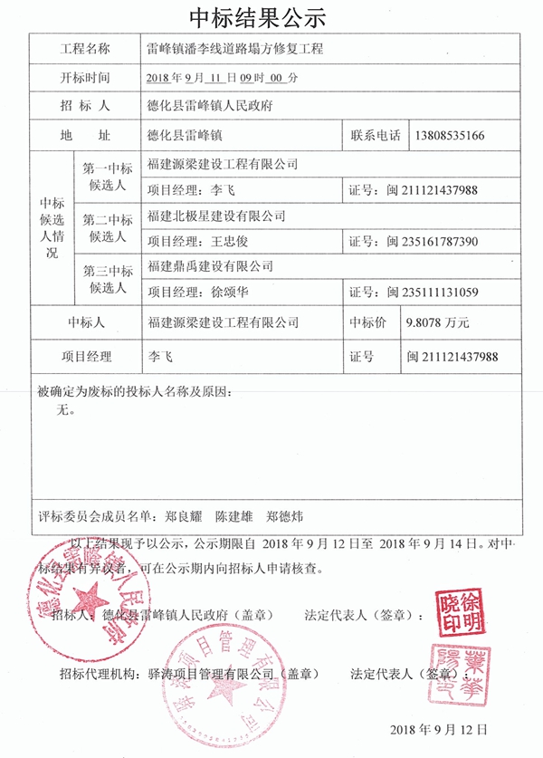 雷峰镇潘李线道路塌方修复工程中标结果公示 - 憨鼠网