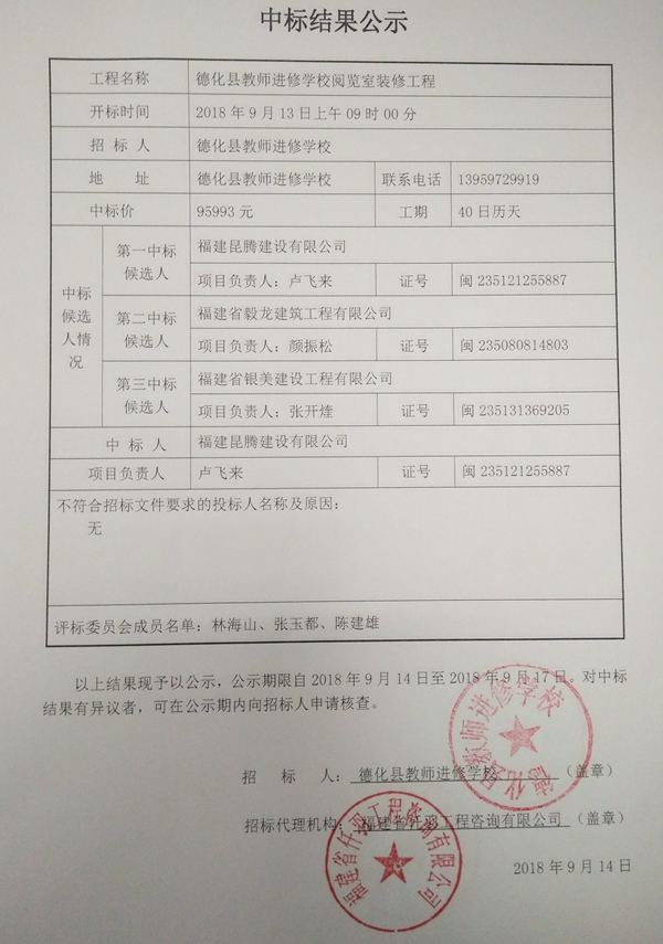 德化县教师进修学校阅览室装修工程中标结果公示 - 憨鼠网