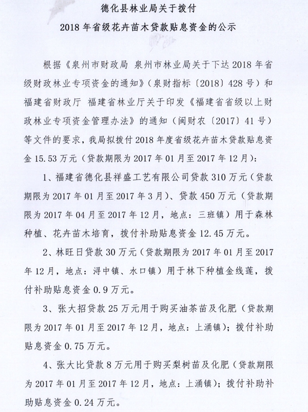 德化县林业局关于拨付2018年省级花卉苗木贷款贴息资金的公示 - 憨鼠网