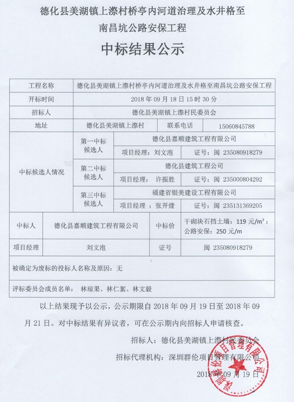 美湖镇上漈村桥亭内河道治理及水井格至南昌坑公路安保工程中标结果公示 - 憨鼠网