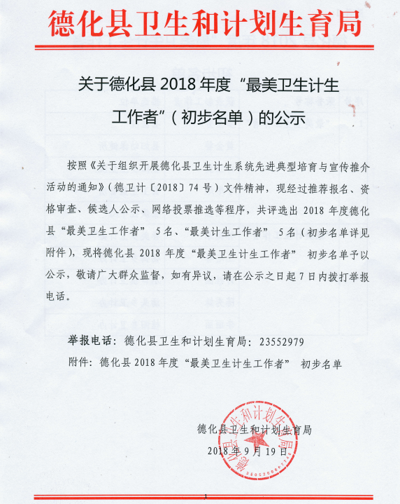 德化县2018年度“最美卫生计生工作者”（初步名单）公示 - 憨鼠网