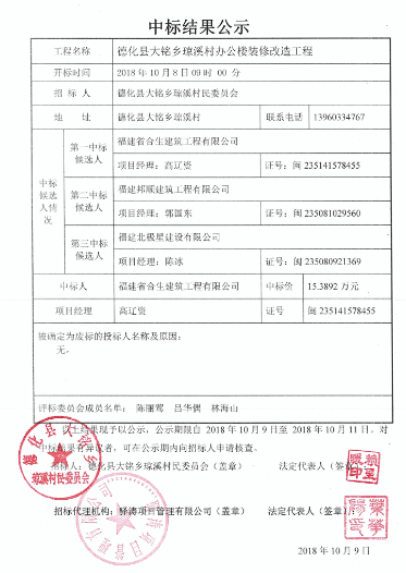 德化县大铭乡琼溪村办公楼装修改造工程中标结果公示 - 憨鼠网