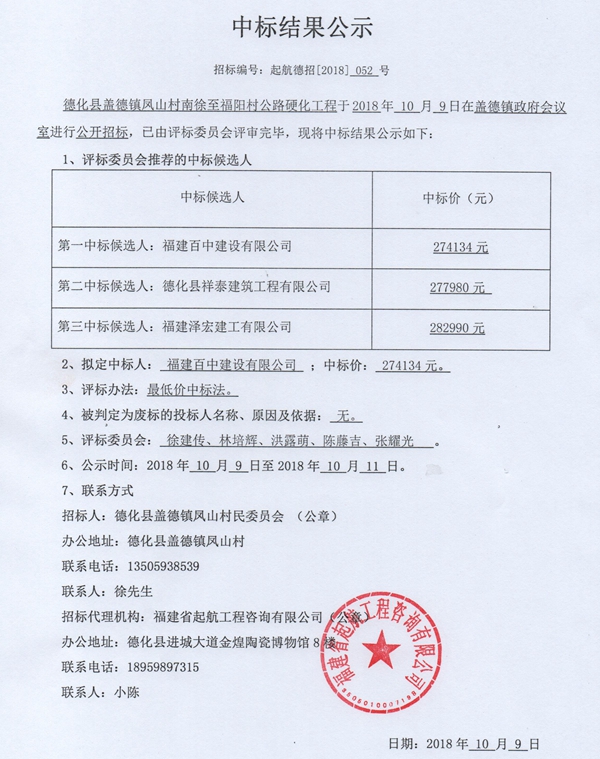 盖德镇凤山村南徐至福阳村公路硬化工程中标结果公示 - 憨鼠网