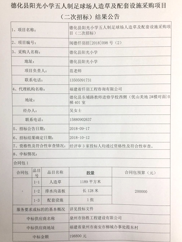 阳光小学五人制足球场人造草及配套设施采购项目（二次招标）结果公告 - 憨鼠网