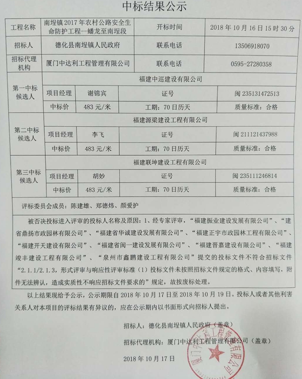 南埕镇2017年农村公路安全生命防护工程——蟠龙至南埕段中标结果公示 - 憨鼠网