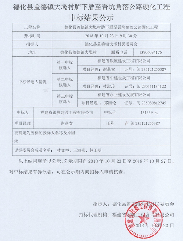 盖德镇大墘村胪下厝至吾坑角落公路硬化工程中标结果公示 - 憨鼠网