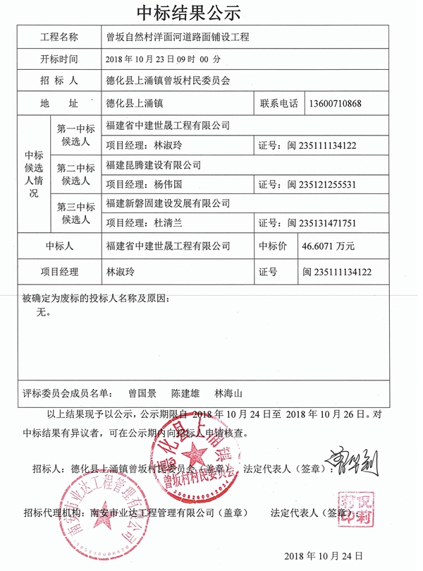 曾坂自然村洋面河道路面铺设工程中标结果公示 - 憨鼠网