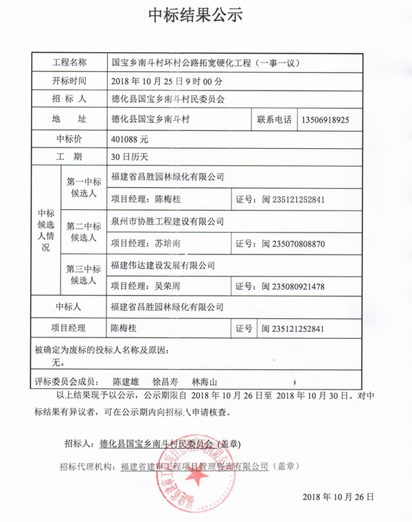 国宝乡南斗村环村公路拓宽硬化工程（一事一议）中标结果公示 - 憨鼠网