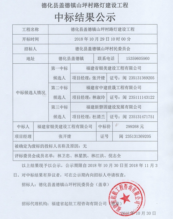 盖德镇山坪村路灯建设工程中标结果公示 - 憨鼠网