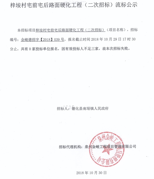 梓垵村宅前宅后路面硬化工程（二次招标）流标公示 - 憨鼠网