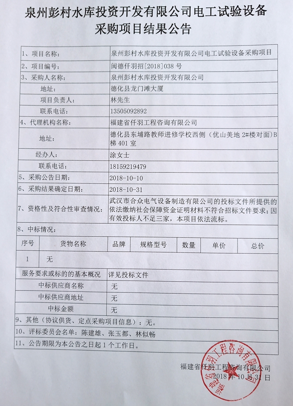 泉州彭村水库投资开发有限公司电工试验设备采购项目结果公告 - 憨鼠网