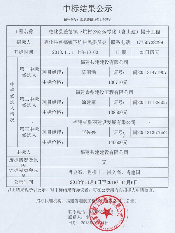盖德镇下坑村公路旁绿化（含土建）提升工程中标结果公示 - 憨鼠网