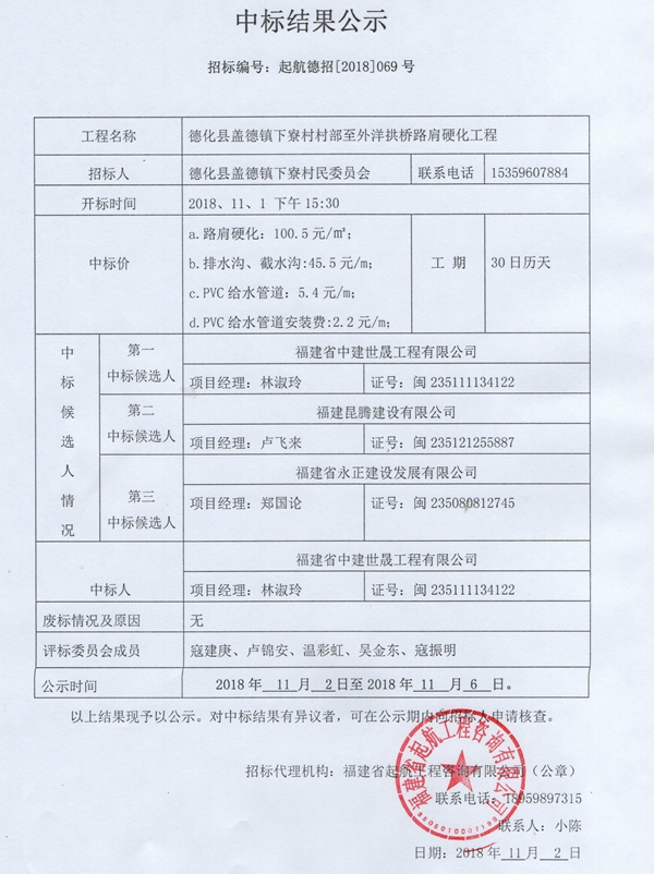 下寮村村部至外洋拱桥路肩硬化工程中标结果公示 - 憨鼠网