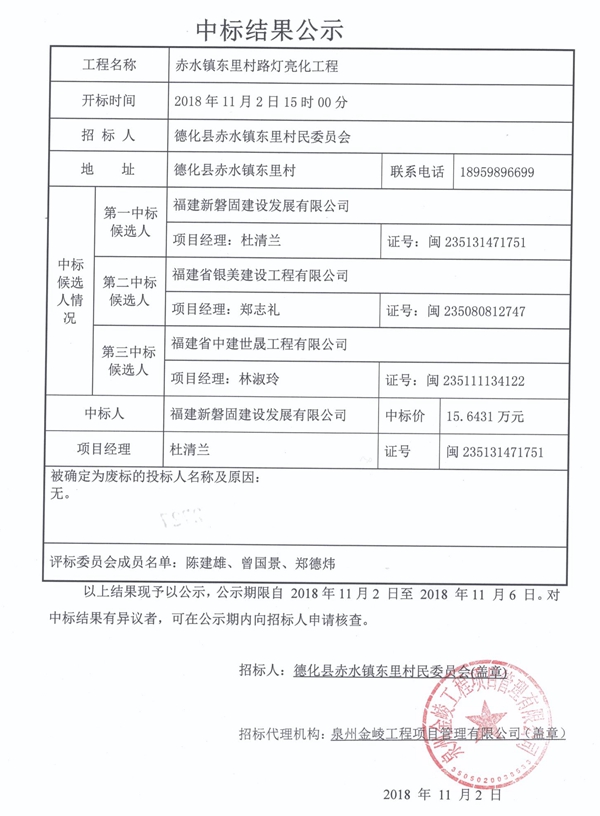 赤水镇东里村路灯亮化工程中标结果公示 - 憨鼠网
