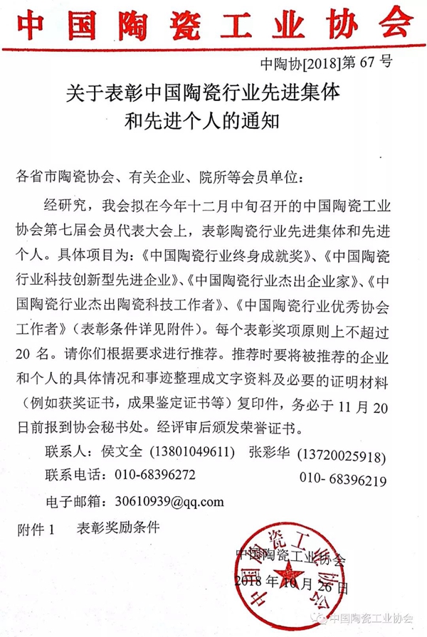关于表彰中国陶瓷行业先进集体和先进个人的通知 - 憨鼠网