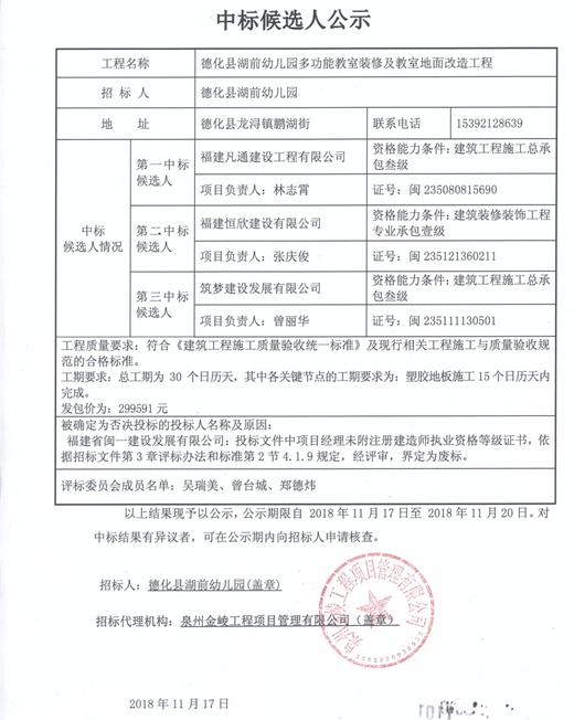 湖前幼儿园多功能教室装修及教室地面改造工程中标候选人公示 - 憨鼠网