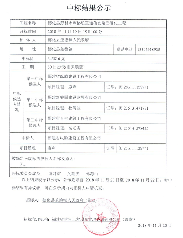 德化县彭村水库格坵至迎仙宫路面硬化工程中标结果公示 - 憨鼠网
