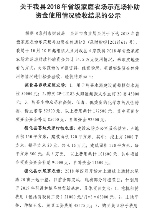 德化县2018年省级家庭农场示范场补助资金使用情况验收结果公示 - 憨鼠网