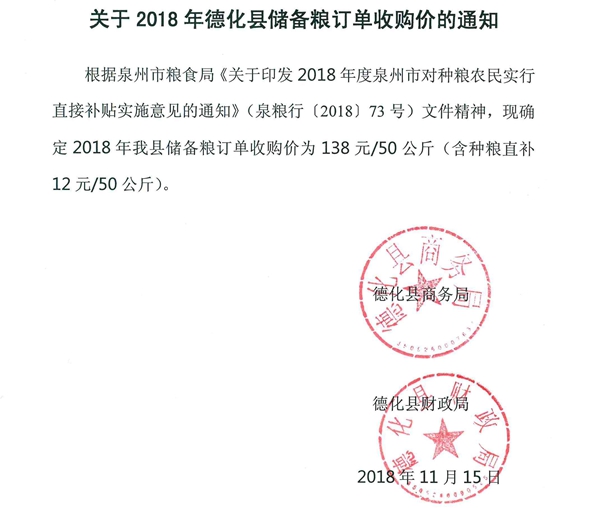 关于2018年德化县储备粮订单收购价的通知 - 憨鼠网
