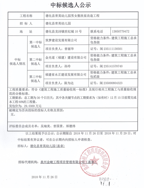 德化县育英幼儿园男女盥洗室改造工程中标候选人公示 - 憨鼠网