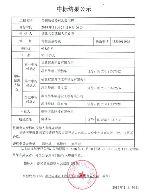 盖德镇仙岭村水毁工程中标结果公示 - 憨鼠网