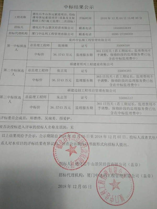 德化石牛山客运索道项目、岱仙瀑布客运索道项目（设备及支架基础工程）施工监理二次招标中标结果公示 - 憨鼠网