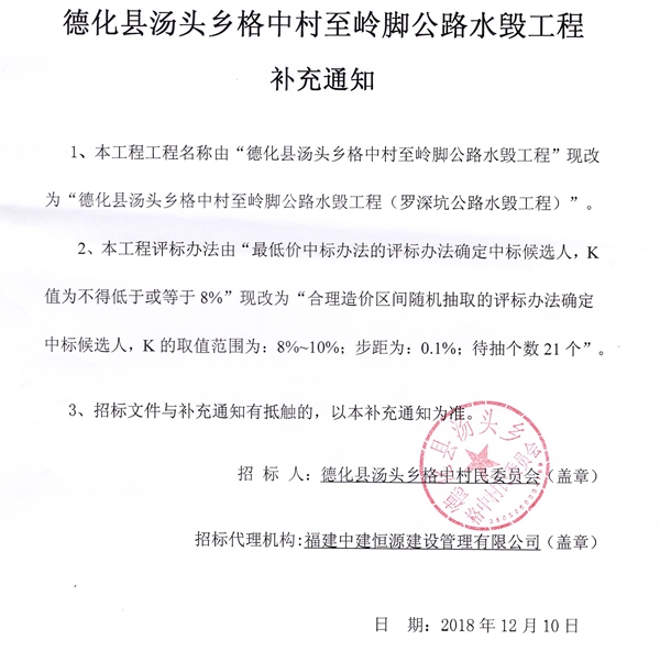 德化县汤头乡格中村至岭脚公路水毁工程补充通知 - 憨鼠网