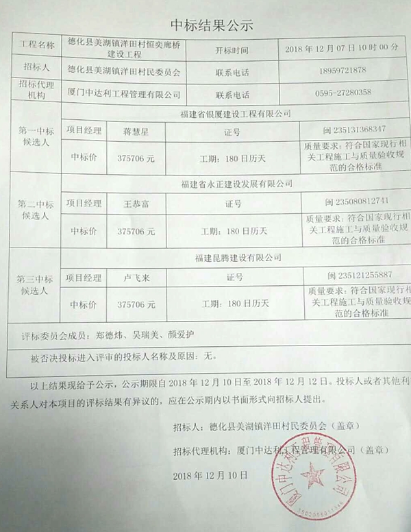 美湖镇洋田村恒奕廊桥建设工程中标结果公示 - 憨鼠网