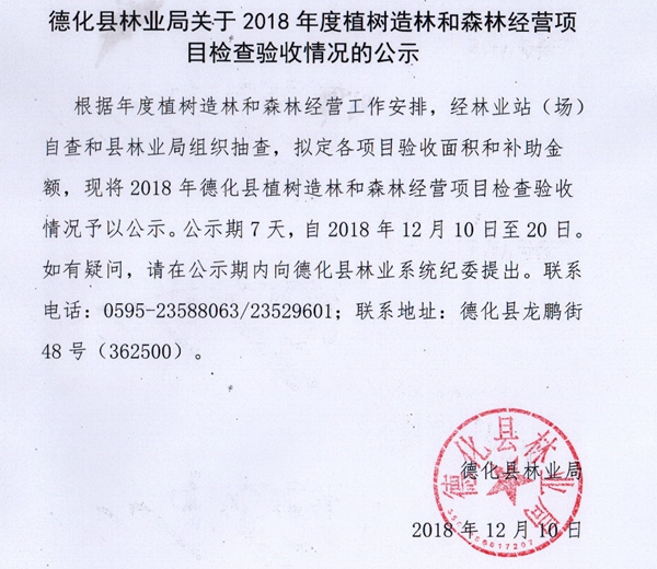 关于2018年度植树造林和森林经营项目检查验收情况的公示 - 憨鼠网