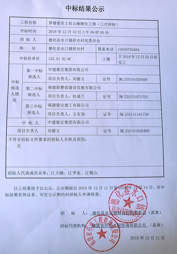 厚德堡至2组公路硬化工程（三次招标）中标结果公示 - 憨鼠网