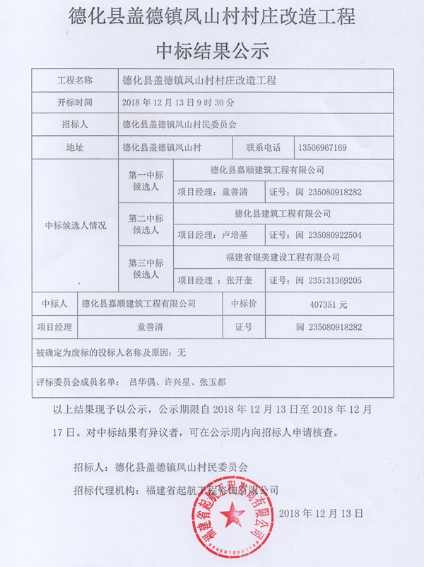 盖德镇凤山村村庄改造工程中标结果公示 - 憨鼠网