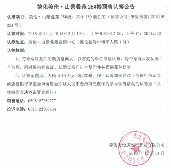 德化美伦·山景叠苑25#楼预售认筹公告 - 憨鼠网