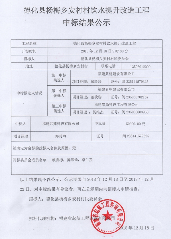德化县杨梅乡安村村饮水提升改造工程中标结果公示 - 憨鼠网