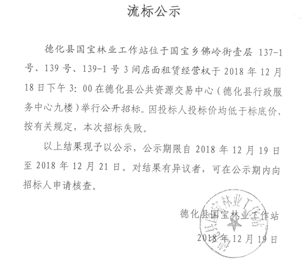 国宝乡佛岭街一层店面租赁经营权流标结果公示 - 憨鼠网