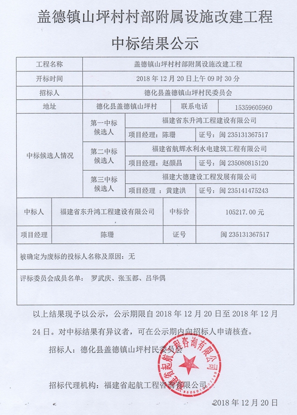 山坪村村部附属设施改建工程中标结果公示 - 憨鼠网
