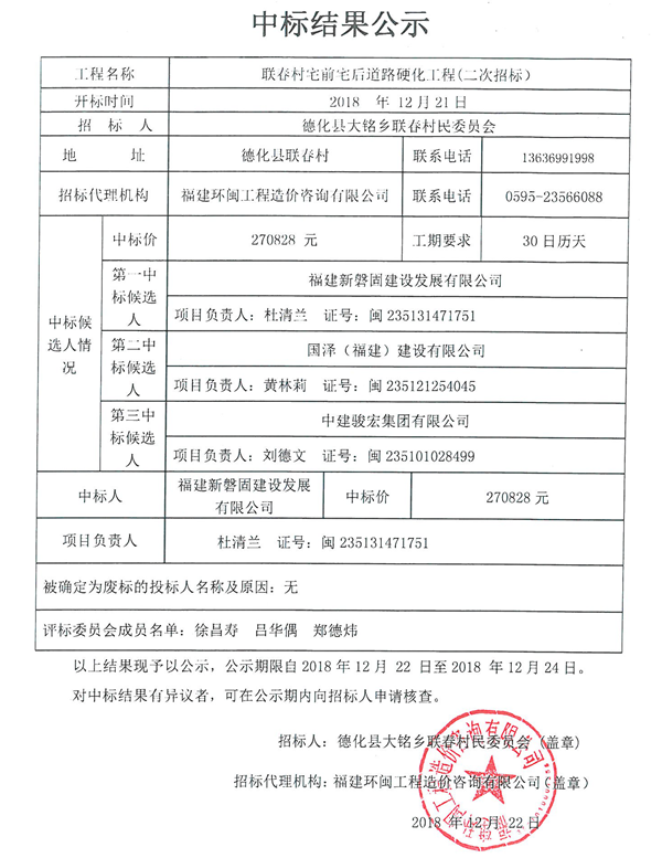 联春村宅前宅后道路硬化工程二次招标中标结果公示 - 憨鼠网