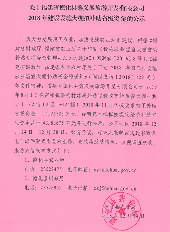 关于福建省德化县鑫义展旅游开发有限公司2018年建设设施大棚拟补助省级资金的公示 - 憨鼠网